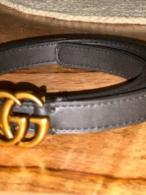 Gucci Black Leather Belt with Antique Gold Double G Buckle